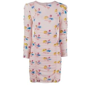 NWT Ganni pink floral print nylon mesh ruched long sleeve mini dress size 38/M